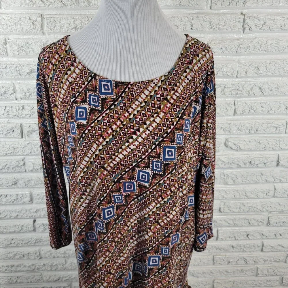 Carol Taylor Women's XL Brown Blue Geometric Dolman 3/4 Sleeve Pullover GEO185XE